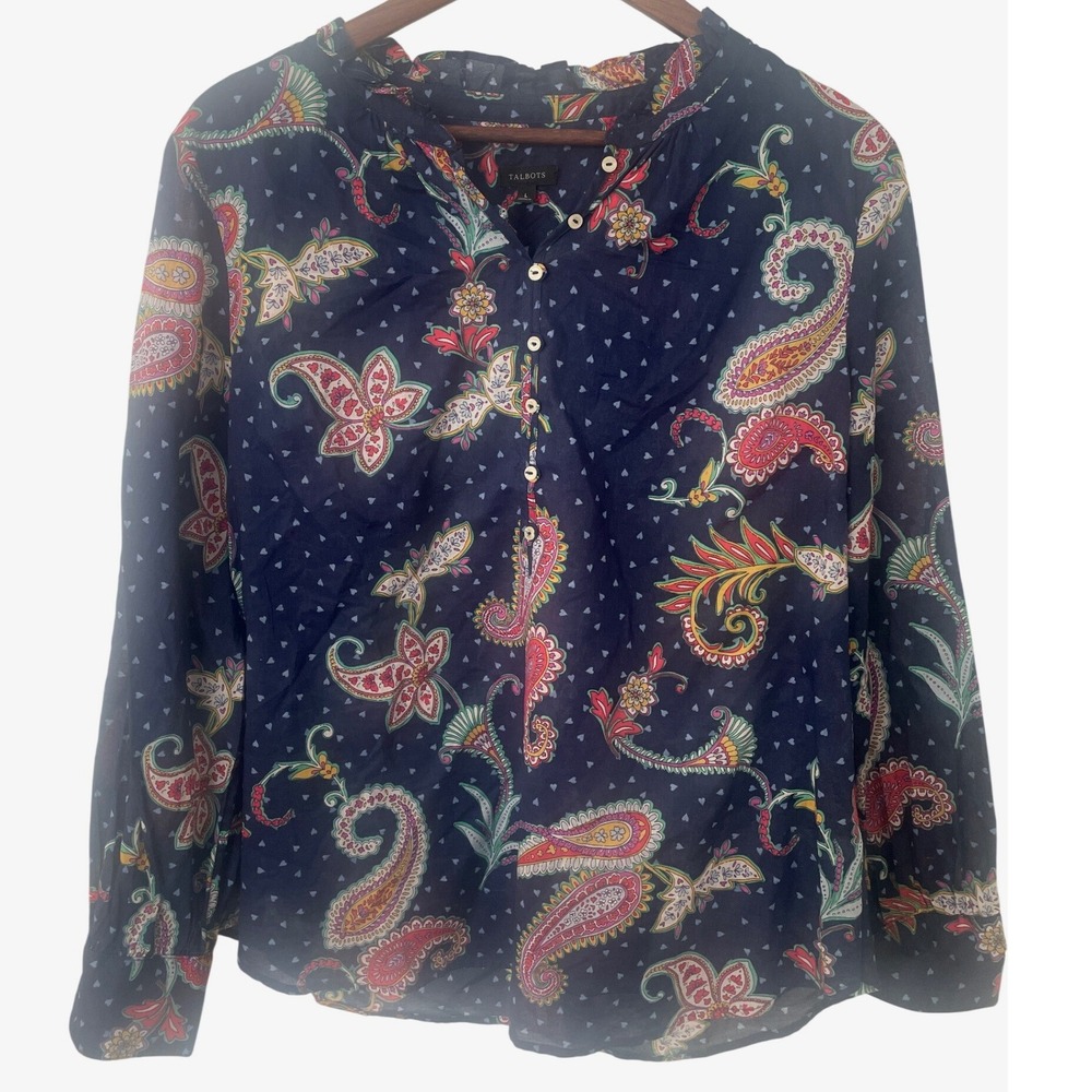 Talbots Womens Navy Blue Paisley Heart  Cotton Popover  Blouse Large Lightweight